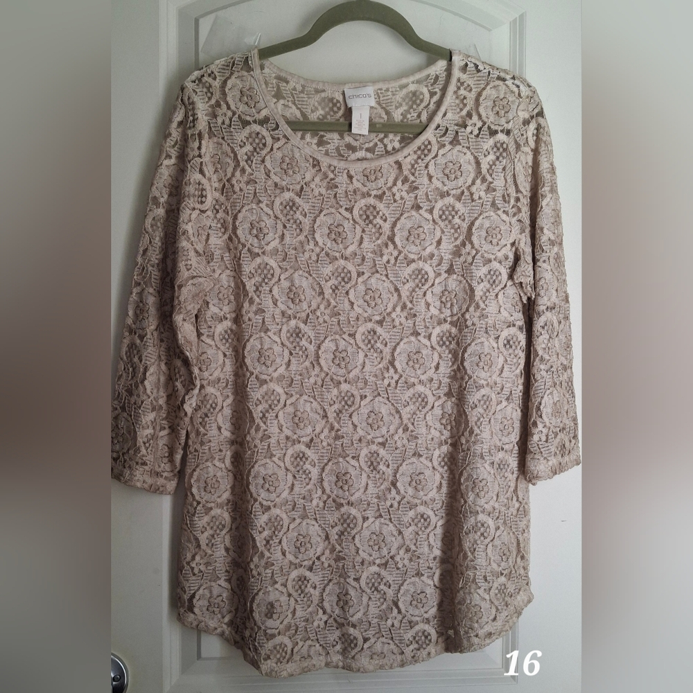 Chico's Cream‎ Floral Lace Top Sz M Boho Casual Party Fairycore Neutral lace